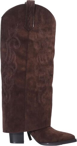 Women's Fold Over Knee High Cowboy Boots with Double-Layer Zipper, Chunky Block Heel,Tall Boots for Casual, Office, Party and Daily Wear in Kuwait