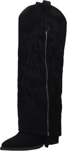 Women's Fold Over Knee High Cowboy Boots with Double-Layer Zipper, Chunky Block Heel,Tall Boots for Casual, Office, Party and Daily Wear in Saudi Arabia