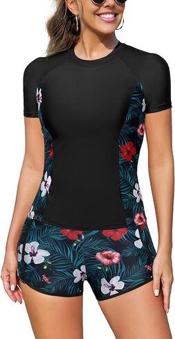 SHEKINI Women Two Piece Rash Guard Short Sleeve Swimsuits UV UPF 50+ Swim Shirt with Build in Bra Bathing Suit with Boyshort in Saudi Arabia