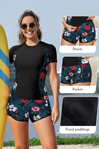 SHEKINI Women Two Piece Rash Guard Short Sleeve Swimsuits UV UPF 50+ Swim Shirt with Build in Bra Bathing Suit with Boyshort in Saudi Arabia