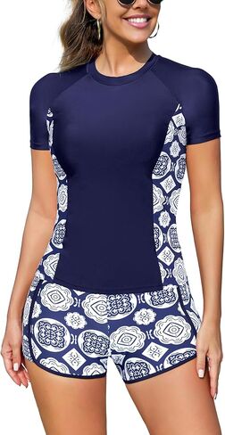 SHEKINI Women Two Piece Rash Guard Short Sleeve Swimsuits UV UPF 50+ Swim Shirt with Build in Bra Bathing Suit with Boyshort in Saudi Arabia