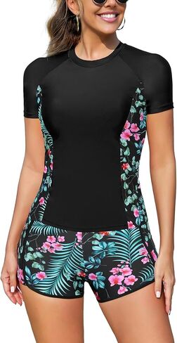 SHEKINI Women Two Piece Rash Guard Short Sleeve Swimsuits UV UPF 50+ Swim Shirt with Build in Bra Bathing Suit with Boyshort in Saudi Arabia