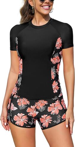 SHEKINI Women Two Piece Rash Guard Short Sleeve Swimsuits UV UPF 50+ Swim Shirt with Build in Bra Bathing Suit with Boyshort in Saudi Arabia