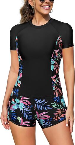 SHEKINI Women Two Piece Rash Guard Short Sleeve Swimsuits UV UPF 50+ Swim Shirt with Build in Bra Bathing Suit with Boyshort in Saudi Arabia