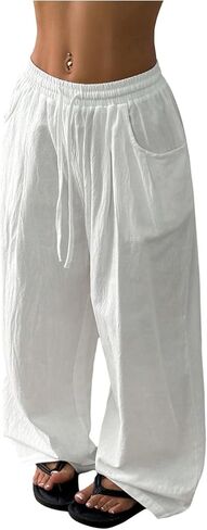 Women's Linen Beach Pants Drawstring Elastic Waist Wide Leg Palazzo Pants Bottom Swimsuit Coverups in Saudi Arabia