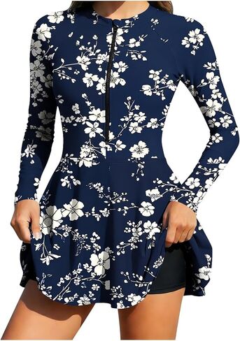 Womens Rash Guard Long Sleeve Two Piece Modest Swimsuits Dress Built in Bra Zipper Bathing Suit UPF 50 with Boyshorts in Kuwait