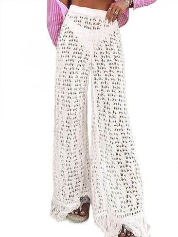 Fisoew Womens Crochet Cover Up Pants Casual Wide Leg High Waisted Hollow Out Tassel Summer Beach Mesh Bathing Suit Pants in Saudi Arabia