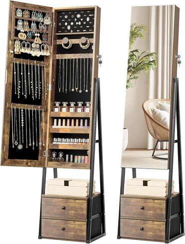 Nicetree Jewelry Cabinet Armoire with 2 Drawers, Lockable Standing Jewelry Mirror Cabinet, Full Length Mirror with Jewelry Storage, Rustic Brown in Saudi Arabia