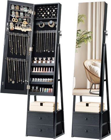 خزانة مجوهرات Nicetree مع درجين، خزانة مرآة مجوهرات قائمة قابلة للقفل، مرآة كاملة الطول مع تخزين المجوهرات، بني ريفي in Kuwait