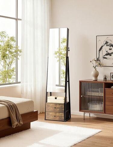 Nicetree Jewelry Cabinet Armoire with 2 Drawers, Lockable Standing Jewelry Mirror Cabinet, Full Length Mirror with Jewelry Storage, Rustic Brown in Saudi Arabia