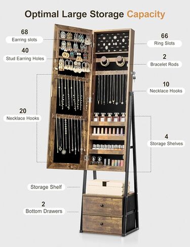 Nicetree Jewelry Cabinet Armoire with 2 Drawers, Lockable Standing Jewelry Mirror Cabinet, Full Length Mirror with Jewelry Storage, Rustic Brown in Saudi Arabia