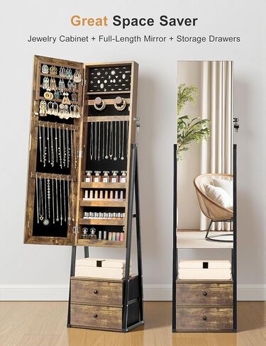 Nicetree Jewelry Cabinet Armoire with 2 Drawers, Lockable Standing Jewelry Mirror Cabinet, Full Length Mirror with Jewelry Storage, Rustic Brown in Saudi Arabia