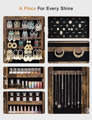 Nicetree Jewelry Cabinet Armoire with 2 Drawers, Lockable Standing Jewelry Mirror Cabinet, Full Length Mirror with Jewelry Storage, Rustic Brown in Saudi Arabia