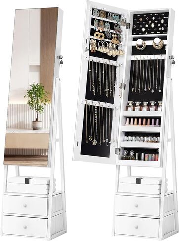 Nicetree Jewelry Cabinet Armoire with 2 Drawers, Lockable Standing Jewelry Mirror Cabinet, Full Length Mirror with Jewelry Storage, Rustic Brown in Saudi Arabia