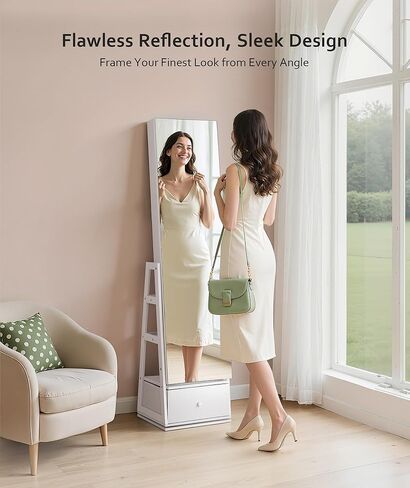Nicetree 360°Swivel Jewelry Cabinet, Rotatable Full Length Mirror with Jewelry Storage, Standing Jewelry Armoire Organizer, Lockable Jewelry Organizer with 3 Rear Shelves, Bottom Drawer, Pure White in Saudi Arabia
