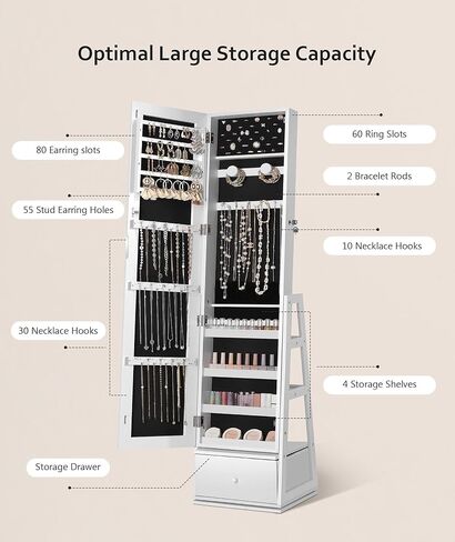 Nicetree 360°Swivel Jewelry Cabinet, Rotatable Full Length Mirror with Jewelry Storage, Standing Jewelry Armoire Organizer, Lockable Jewelry Organizer with 3 Rear Shelves, Bottom Drawer, Pure White in Saudi Arabia
