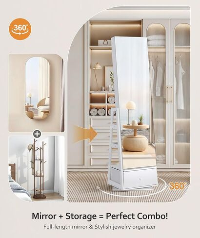 Nicetree 360°Swivel Jewelry Cabinet, Rotatable Full Length Mirror with Jewelry Storage, Standing Jewelry Armoire Organizer, Lockable Jewelry Organizer with 3 Rear Shelves, Bottom Drawer, Pure White in Saudi Arabia
