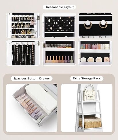 Nicetree 360°Swivel Jewelry Cabinet, Rotatable Full Length Mirror with Jewelry Storage, Standing Jewelry Armoire Organizer, Lockable Jewelry Organizer with 3 Rear Shelves, Bottom Drawer, Pure White in Saudi Arabia