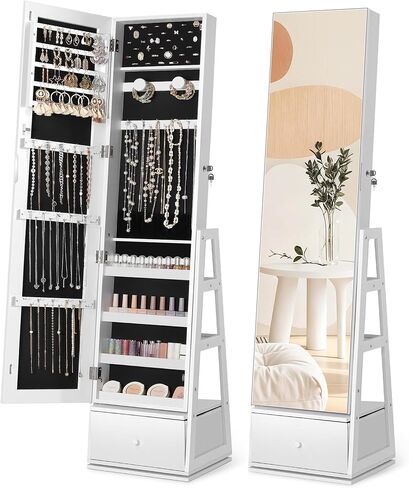 Nicetree 360°Swivel Jewelry Cabinet, Rotatable Full Length Mirror with Jewelry Storage, Standing Jewelry Armoire Organizer, Lockable Jewelry Organizer with 3 Rear Shelves, Bottom Drawer, Pure White in Saudi Arabia
