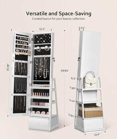 Nicetree 360°Swivel Jewelry Cabinet, Rotatable Full Length Mirror with Jewelry Storage, Standing Jewelry Armoire Organizer, Lockable Jewelry Organizer with 3 Rear Shelves, Bottom Drawer, Pure White in Saudi Arabia