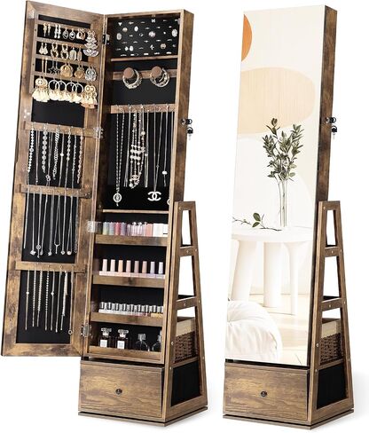Nicetree 360°Swivel Jewelry Cabinet, Rotatable Full Length Mirror with Jewelry Storage, Standing Jewelry Armoire Organizer, Lockable Jewelry Organizer with 3 Rear Shelves, Bottom Drawer, Pure White in Saudi Arabia