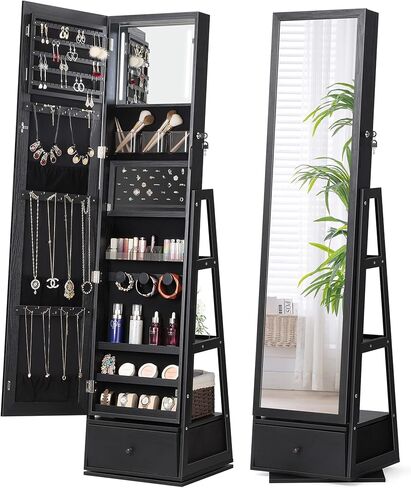 Nicetree 360° Swivel Jewelry Cabinet with Lights, Touch Screen Vanity Mirror, Rotatable Full Length Mirror with Jewelry Storage, Standing Jewelry Armoire Organizer, Foldable Makeup Shelf, White in Kuwait