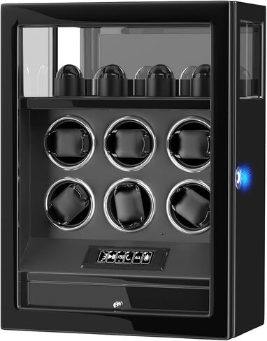 DUKWIN Watch Winder، قفل بصمة الإصبع التلقائي لساعات 3/6/9 مع 4 حوامل، 300-2300 TPD، شاشة رقمية، جهاز تحكم عن بعد، تخزين المجوهرات ووسادة ساعة قابلة للتعديل وإضاءة LED in Kuwait