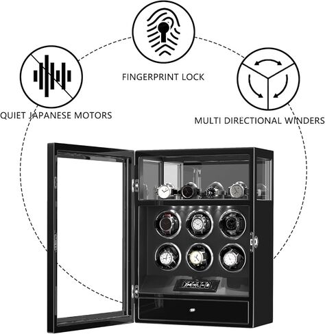 DUKWIN Watch Winder، قفل بصمة الإصبع التلقائي لساعات 3/6/9 مع 4 حوامل، 300-2300 TPD، شاشة رقمية، جهاز تحكم عن بعد، تخزين المجوهرات ووسادة ساعة قابلة للتعديل وإضاءة LED in Kuwait
