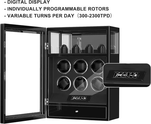 DUKWIN Watch Winder، قفل بصمة الإصبع التلقائي لساعات 3/6/9 مع 4 حوامل، 300-2300 TPD، شاشة رقمية، جهاز تحكم عن بعد، تخزين المجوهرات ووسادة ساعة قابلة للتعديل وإضاءة LED in Kuwait