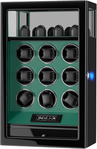 DUKWIN Watch Winder، قفل بصمة الإصبع التلقائي لساعات 3/6/9 مع 4 حوامل، 300-2300 TPD، شاشة رقمية، جهاز تحكم عن بعد، تخزين المجوهرات ووسادة ساعة قابلة للتعديل وإضاءة LED in Kuwait
