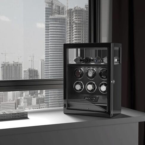 DUKWIN Watch Winder، قفل بصمة الإصبع التلقائي لساعات 3/6/9 مع 4 حوامل، 300-2300 TPD، شاشة رقمية، جهاز تحكم عن بعد، تخزين المجوهرات ووسادة ساعة قابلة للتعديل وإضاءة LED in Kuwait
