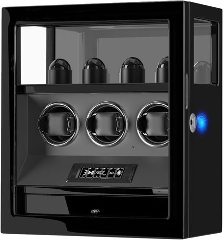DUKWIN Watch Winder، قفل بصمة الإصبع التلقائي لساعات 3/6/9 مع 4 حوامل، 300-2300 TPD، شاشة رقمية، جهاز تحكم عن بعد، تخزين المجوهرات ووسادة ساعة قابلة للتعديل وإضاءة LED in Kuwait