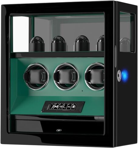 DUKWIN Watch Winder، قفل بصمة الإصبع التلقائي لساعات 3/6/9 مع 4 حوامل، 300-2300 TPD، شاشة رقمية، جهاز تحكم عن بعد، تخزين المجوهرات ووسادة ساعة قابلة للتعديل وإضاءة LED in Kuwait