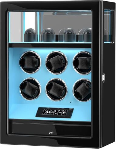 DUKWIN Watch Winder، قفل بصمة الإصبع التلقائي لساعات 3/6/9 مع 4 حوامل، 300-2300 TPD، شاشة رقمية، جهاز تحكم عن بعد، تخزين المجوهرات ووسادة ساعة قابلة للتعديل وإضاءة LED in Kuwait