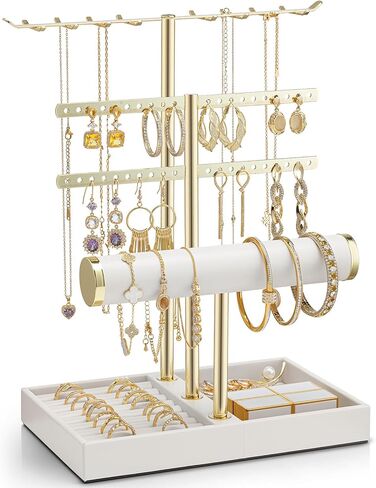 Vlando 3 Tier Jewelry Stand Organizer with Tary, Leather Jewelry Holder Display for Women, Gold Jewlery Holder Display for Necklace, Earring, Bracelet, Rings - White in Kuwait