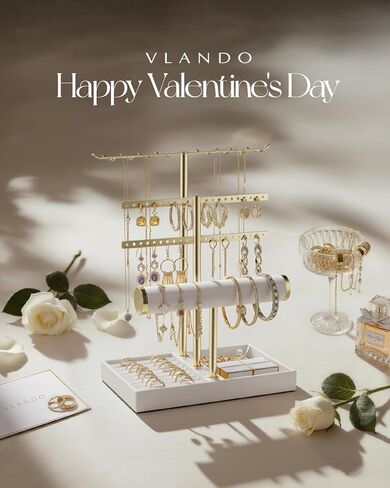 Vlando 3 Tier Jewelry Stand Organizer with Tary, Leather Jewelry Holder Display for Women, Gold Jewlery Holder Display for Necklace, Earring, Bracelet, Rings - White in Kuwait