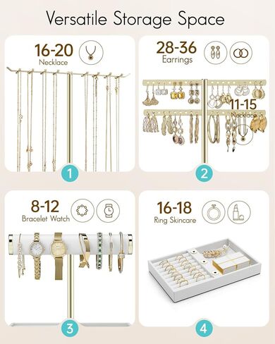 Vlando 3 Tier Jewelry Stand Organizer with Tary, Leather Jewelry Holder Display for Women, Gold Jewlery Holder Display for Necklace, Earring, Bracelet, Rings - White in Kuwait
