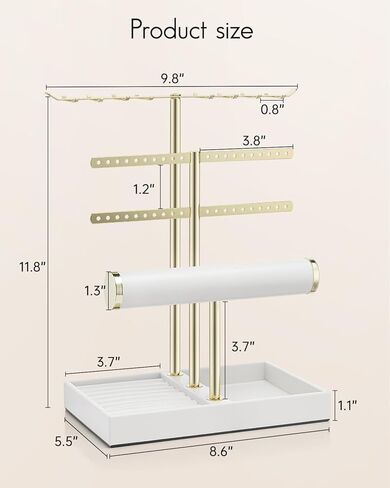 Vlando 3 Tier Jewelry Stand Organizer with Tary, Leather Jewelry Holder Display for Women, Gold Jewlery Holder Display for Necklace, Earring, Bracelet, Rings - White in Kuwait