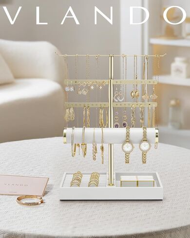 Vlando 3 Tier Jewelry Stand Organizer with Tary, Leather Jewelry Holder Display for Women, Gold Jewlery Holder Display for Necklace, Earring, Bracelet, Rings - White in Kuwait