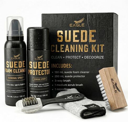 Eagle Suede & Nubuck Cleaning Kit – 5-Piece Set with Foam Suede Cleaner & Protector Spray, 3-Way Brush, Scrub Brush & Cloth – Suede Care Kit for Shoes & Boots- Compatible with Ugg Boots in Saudi Arabia