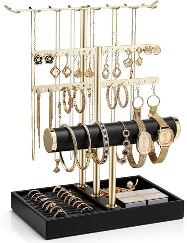 Vlando 3 Tier Jewelry Stand Organizer with Tary, Leather Jewelry Holder Display for Women, Gold Jewlery Holder Display for Necklace, Earring, Bracelet, Rings - White in Kuwait