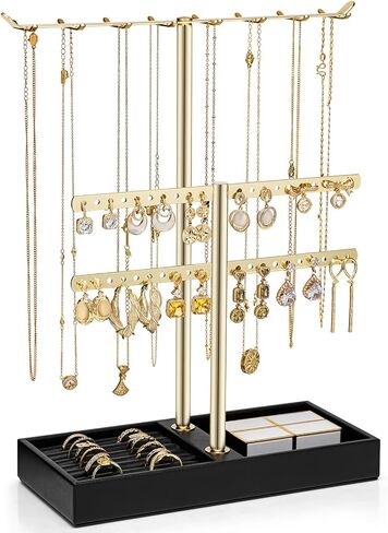 Vlando 3 Tier Jewelry Stand Organizer with Tary, Leather Jewelry Holder Display for Women, Gold Jewlery Holder Display for Necklace, Earring, Bracelet, Rings - White in Kuwait