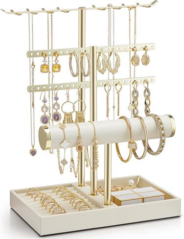 Vlando 3 Tier Jewelry Stand Organizer with Tary, Leather Jewelry Holder Display for Women, Gold Jewlery Holder Display for Necklace, Earring, Bracelet, Rings - White in Kuwait