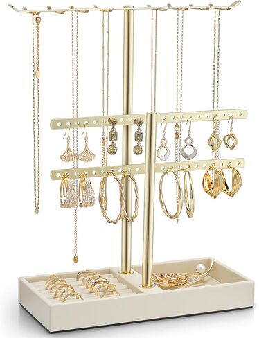 Vlando 3 Tier Jewelry Stand Organizer with Tary, Leather Jewelry Holder Display for Women, Gold Jewlery Holder Display for Necklace, Earring, Bracelet, Rings - White in Kuwait