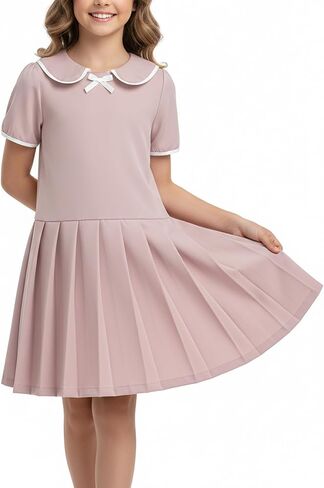 Short Sleeve School Uniform Dress for Girls' Sailor Collar Pleated Dress in Kuwait