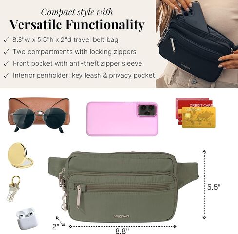 Baggallini Securtex® Anti-theft Belt Bag - Fanny Pack for Women RFID Wallet Locking Zipper - Travel Bag Crossbody Purse in Saudi Arabia
