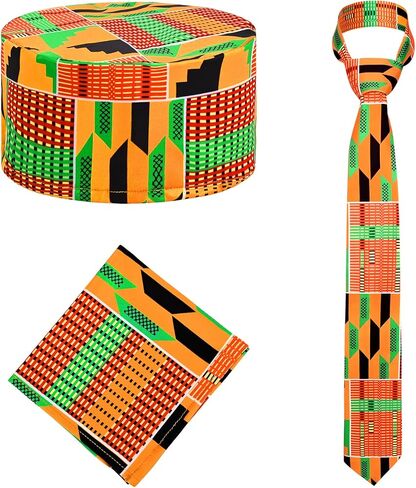 3 Pcs African Attire for Men African Kente Kufi Hat Kente Tie and Pocket Square for Black History Month Costume Accessories in Kuwait
