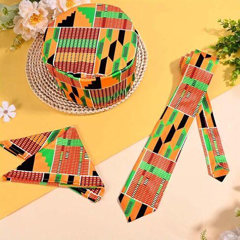 3 Pcs African Attire for Men African Kente Kufi Hat Kente Tie and Pocket Square for Black History Month Costume Accessories in Kuwait
