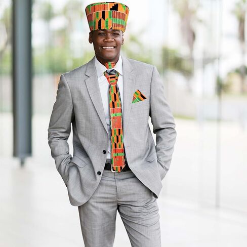 3 Pcs African Attire for Men African Kente Kufi Hat Kente Tie and Pocket Square for Black History Month Costume Accessories in Kuwait