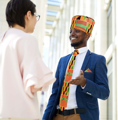 3 Pcs African Attire for Men African Kente Kufi Hat Kente Tie and Pocket Square for Black History Month Costume Accessories in Kuwait